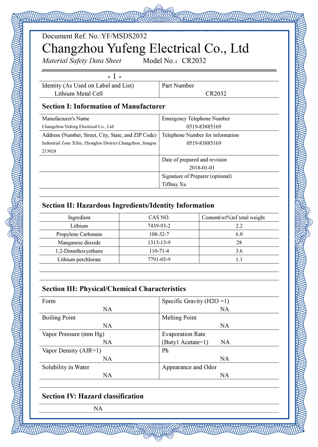 MSDS Battery